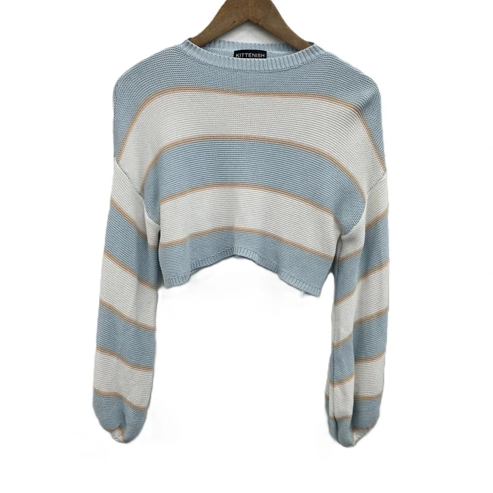 Womens L‎ Blue Striped Cropped Sweater Y2K Preppy Retro Casual Aesthetic Top